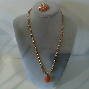 Vnt gold plate chain necklace coral glass earrings